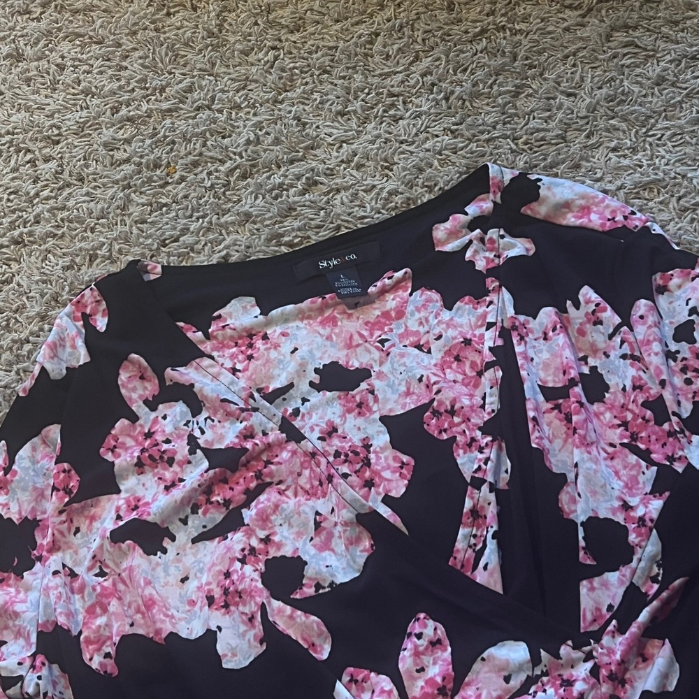 Style & Co Womens Large Pink Floral‎ Surplice Faux Wrap 3/4 Sleeve Blouse Top
